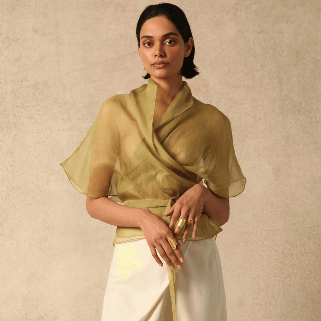 Farah Green Silk Organza Wrap Top– ISHKAR